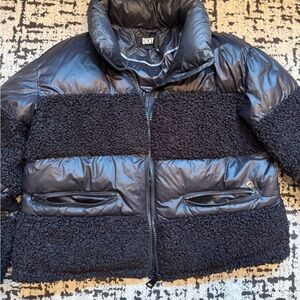 DKNY Black Mixed-Texture Sherpa & Puffer Jacket